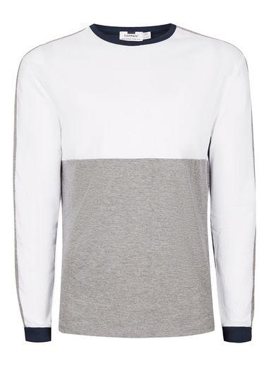 Topman Mens Blue Navy, White And Gray Panelled Long Sleeve T-shirt
