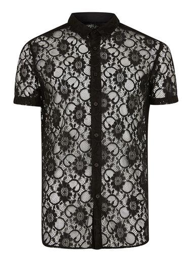 Topman Mens Black Muscle Short Sleeve Lace Shirt