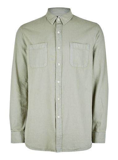 Topman Mens Washed Green Twill Cotton Casual Shirt