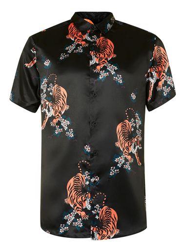 Topman Mens Black Tiger Print Short Sleeve Casual Shirt