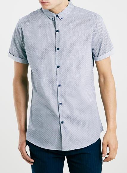 Topman Mens Blue Navy Diamond Print Short Sleeve Smart Shirt