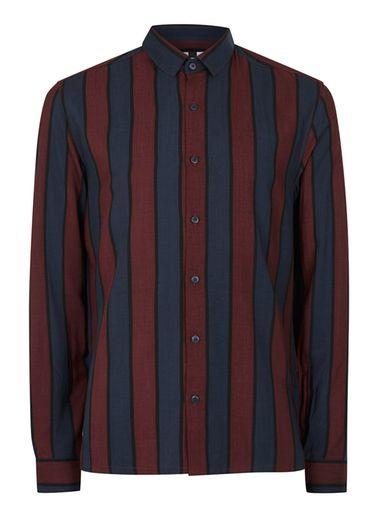 Topman Mens Blue Burgundy And Navy Stripe Viscose Casual Shirt