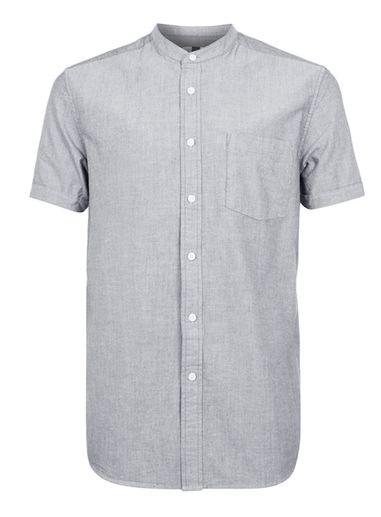 Topman Mens Grey And White Oxford Stand Collar Casual Shirt