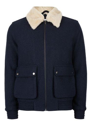 Topman Mens Blue Navy Wool Blend Faux Shearling Collar Flight Jacket