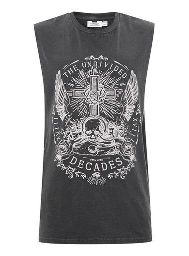 Topman Mens Blue Washed Black 'skull' Print Tank