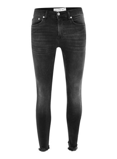 Topman Mens Blue Washed Black Raw Hem Super Spray On Jeans