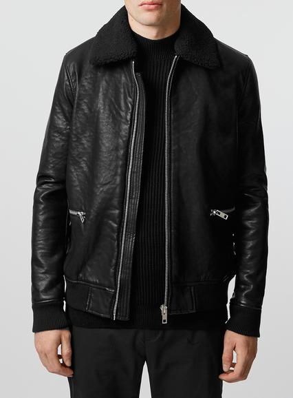 Topman Mens Black Flight Jacket With Borg Collar