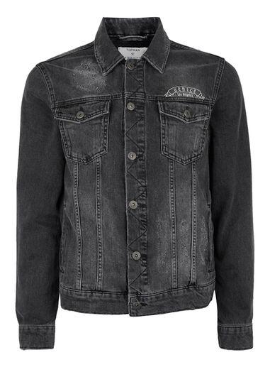 Topman Mens Black Skull Embroidered Denim Jacket