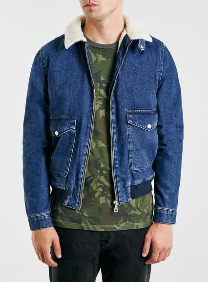 Topman Mens Blue Denim Borg Lined Flight Jacket