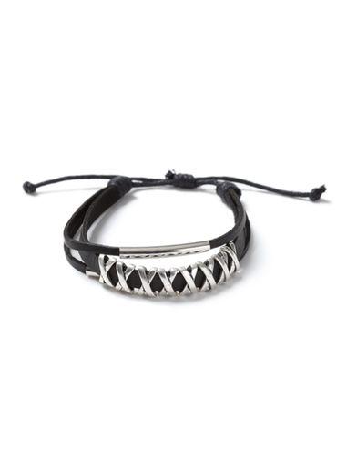 Topman Mens Metal Black Faux Leather 3 Row Bracelet*