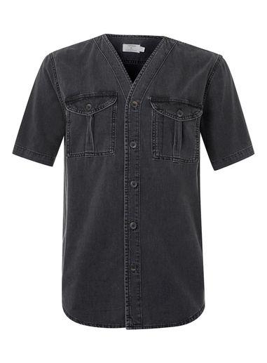 Topman Mens Black Denim Short Sleeve Baseball Shirt