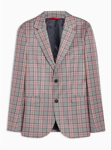 Topman Mens Grey Navy And Red Check Super Skinny Blazer