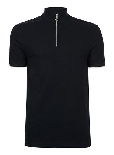 Topman Mens Black Zip Neck Tipped Polo Shirt