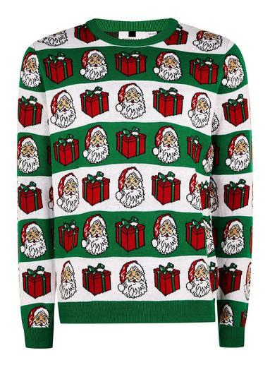 Topman Mens Green Block Stripe Santa Ugly Sweater