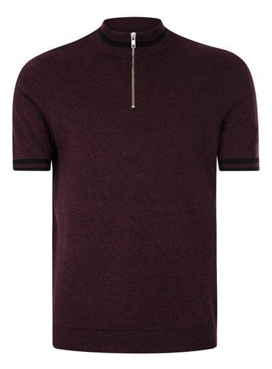 Topman Mens Red Burgundy Zip Neck Knitted T-shirt