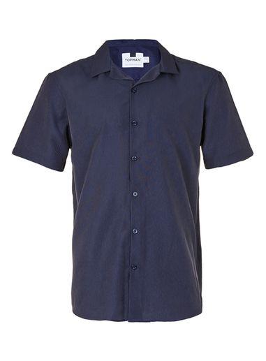 Topman Mens Blue Navy Textured Stripe Revere Collar Short Sleeve Casual Shirt