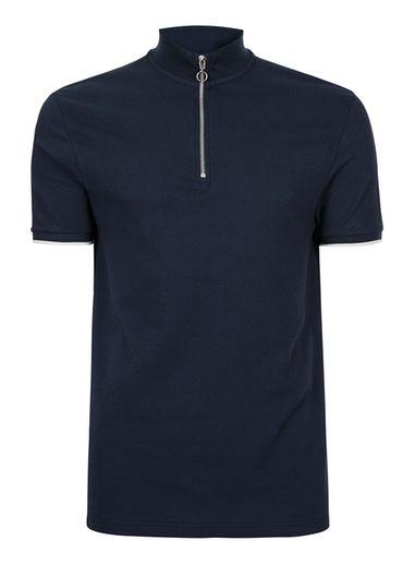 Topman Mens Blue Navy Zip Neck Tipped Polo Shirt