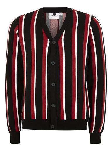 Topman Mens Black, Burgundy And White Striped Cardigan