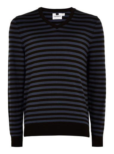 Topman Mens Blue Stripe V Neck Jumper
