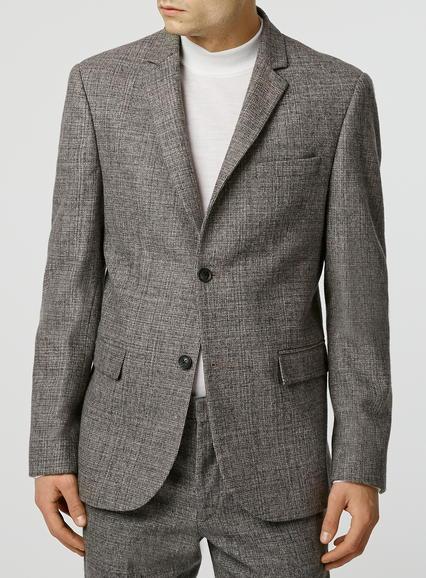 Topman Mens Mid Grey Grey Textured Wool Blend Slim Fit Suit Jacket