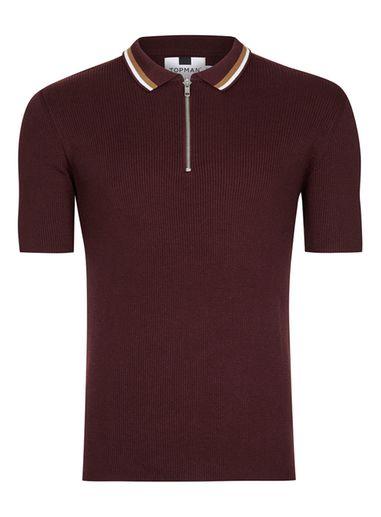 Topman Mens Red Burgundy Short Sleeve Zip Polo Knit
