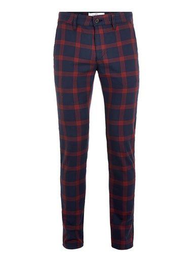 Topman Mens Blue Navy/red Check Stretch Skinny Chinos