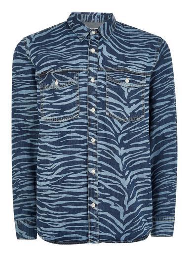 Topman Mens Blue Denim Tiger Long Sleeve Shirt