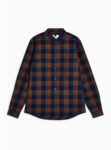 Topman Mens Multi Navy And Mustard Check Corduroy Slim Shirt