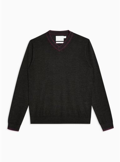 Topman Mens Grey Charcoal Merino V Neck Jumper