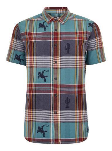 Topman Mens Multi Blue Cowboy Check Short Sleeve Shirt