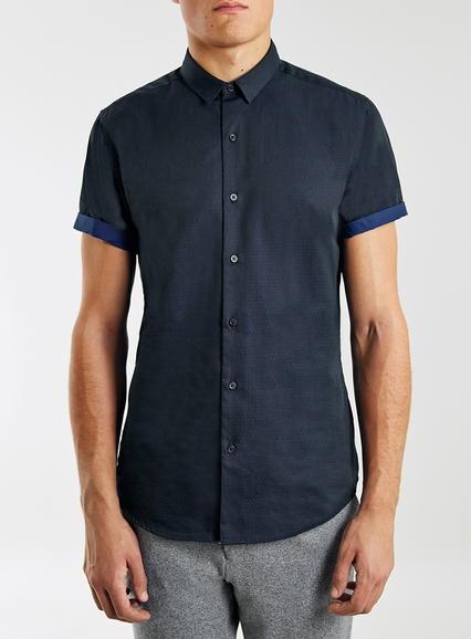 Topman Mens Blue Navy Pindot Contrast Sleeve Short Sleeve Smart Shirt