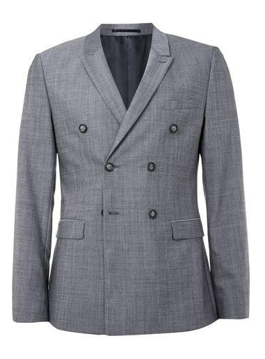 Topman Mens Mid Grey Light Blue Chambray Double Breasted Ultra Skinny Fit Suit Jacket