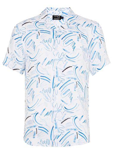 Topman Mens Blue And White Scribble Print Revere Collar Shirt