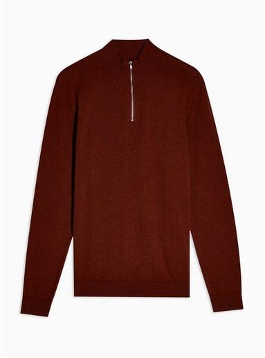 Topman Mens Brown Rust Marl Zip Turtle Neck Jumper