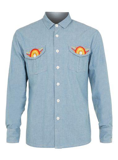 Topman Mens Blue Long Sleeve Denim Shirt With Multicoloured Embroidery