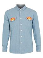 Topman Mens Blue Long Sleeve Denim Shirt With Multicoloured Embroidery