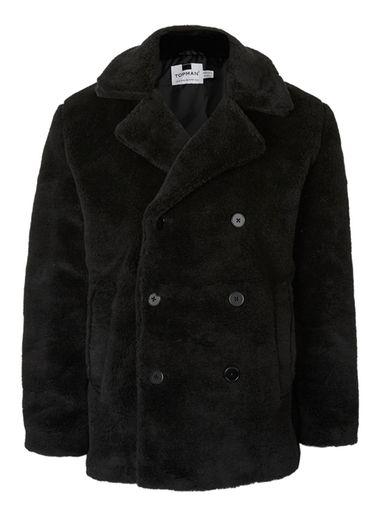 Topman Mens Black Faux Fur Peacoat