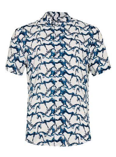 Topman Mens White And Blue Horse Print Viscose Casual Shirt