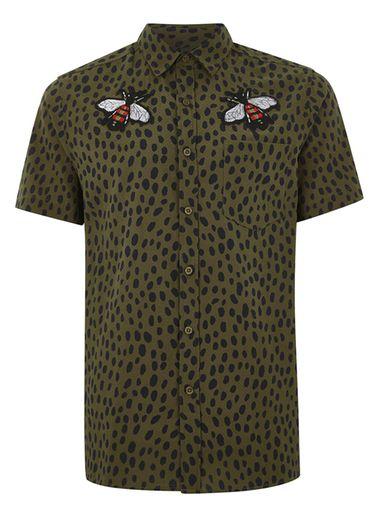 Topman Mens Khaki Dalmatian And Bee Shirt