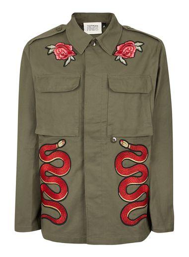 Topman Mens Green Topman Finds Khaki And Red Snake Patch Jacket