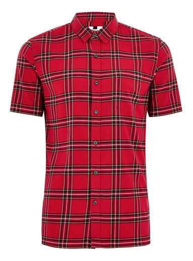 Topman Mens Red Tartan Muscle Short Sleeve Shirt