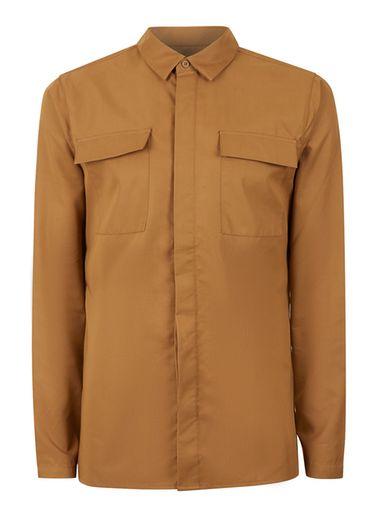 Topman Mens Tobacco Brown Tencel Military Style Dress Shirt