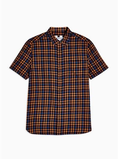 Topman Mens Orange And Blue Check Slim Shirt
