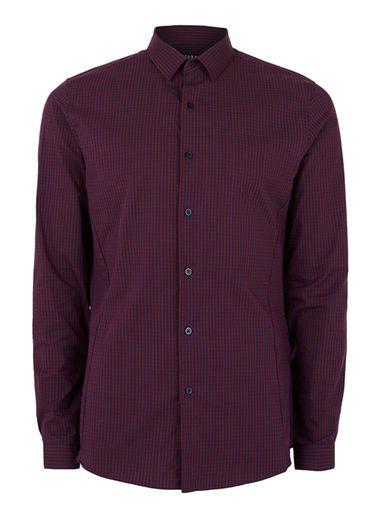 Topman Mens Red Burgundy And Navy Gingham Stretch Skinny Fit Dress Shirt