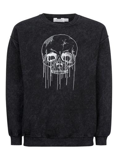 Topman Mens Washed Black Skull Sweatshirt