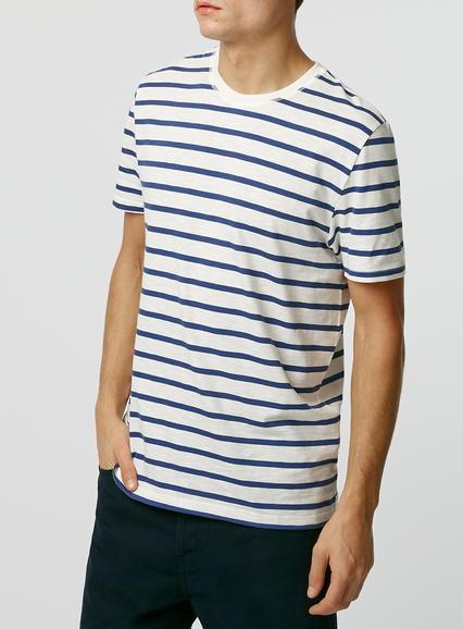Topman Mens Blue Navy Stripe Slub T-shirt