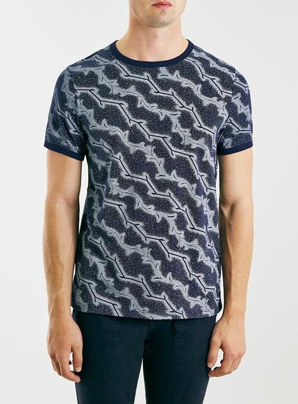 Topman Mens Blue Navy Dot Leaf Slim Fit T-shirt