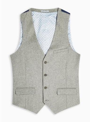 Topman Mens Grey Textured Five Button Slim Fit Suit Waistcoat