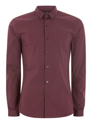 Topman Mens Red Burgundy Polka Dot Long Sleeve Shirt