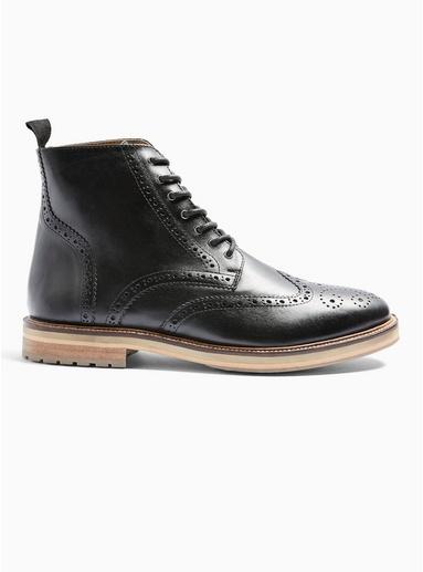 Topman Mens Black Real Leather Orbis Brogue Boots